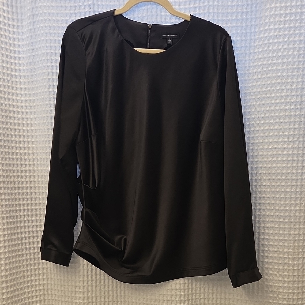 Universal Standard Lucina Black Satin Gathered Blouse